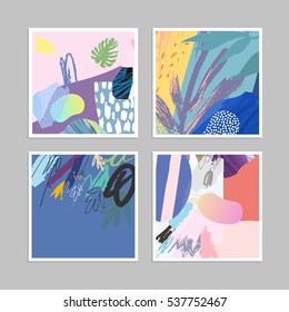 Collection of creative universal artistic cards. Hand Drawn textures. Trendy Graphic Design for banner, poster, card, cover, invitation, placard, brochure, flyer. Vector. Isolated.