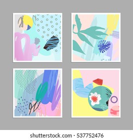 Colección de tarjetas artísticas universales creativas. Texturas dibujadas a mano. Diseño gráfico de moda para banner, afiche, tarjeta, portada, invitación, pancarta, folleto, volante.Vector. Aislado.