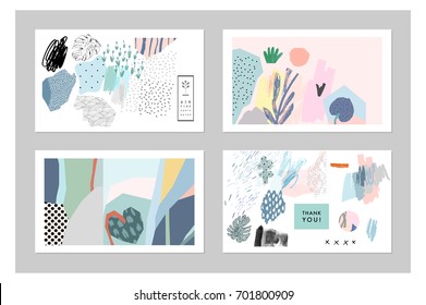 Collection of creative universal artistic cards. Hand Drawn textures. Trendy Graphic Design for banner, poster, card, cover, invitation, placard, brochure