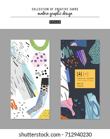 Colección de tarjetas artísticas universales creativas. Texturas dibujadas a mano. Diseño gráfico de moda para banner, afiche, tarjeta, portada, invitación, pancarta, folleto, blog