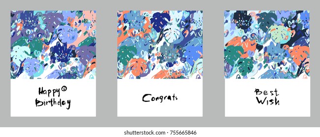 Collection of creative universal artistic cards. Hand Drawn textures. Trendy Graphic Design for banner, poster, card, cover, invitation, placard, brochure, flyer. Vector. Isolated.