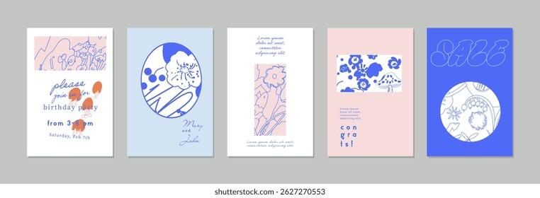 Collection of creative universal artistic floral cards. Hand Drawn textures. Trendy Graphic Design for banner, poster, card, cover, invitation, placard, brochure, flyer. Vector