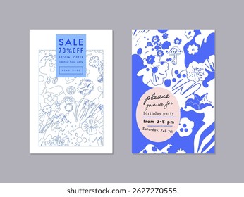 Collection of creative universal artistic floral cards. Hand Drawn textures. Trendy Graphic Design for banner, poster, card, cover, invitation, placard, brochure, flyer. Vector