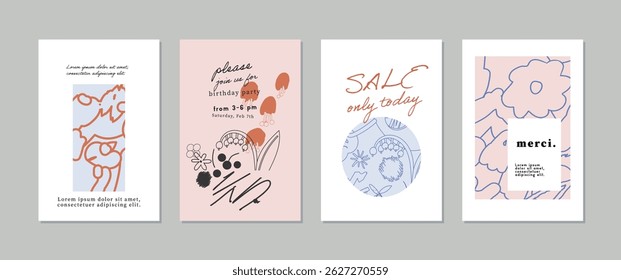 Collection of creative universal artistic floral cards. Hand Drawn textures. Trendy Graphic Design for banner, poster, card, cover, invitation, placard, brochure, flyer. Vector