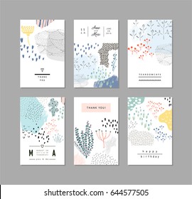 Collection of creative universal artistic floral cards. Hand Drawn textures. Trendy Graphic Design for banner, poster, card, cover, invitation, placard, brochure, header.