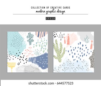 Collection of creative universal artistic floral cards. Hand Drawn textures. Trendy Graphic Design for banner, poster, card, cover, invitation, placard, brochure, header.