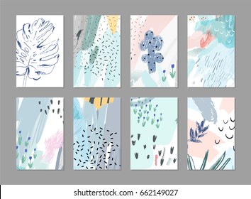 Collection of creative universal artistic floral cards. Hand Drawn textures. Trendy Graphic Design for banner, poster, card, cover, invitation, placard, brochure, header.