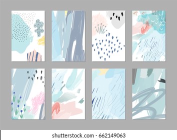 Collection of creative universal artistic floral cards. Hand Drawn textures. Trendy Graphic Design for banner, poster, card, cover, invitation, placard, brochure, header.