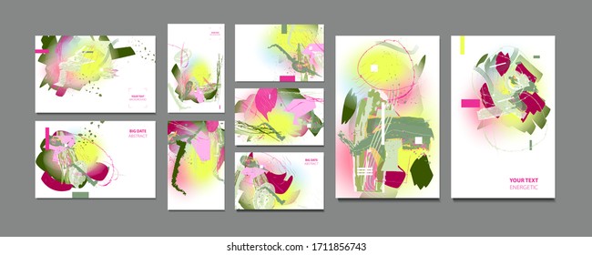 Collection of creative universal artistic painting cards. Trendy Graphic Design for poster, card, invitation, brochure, flyer. Stock vector graphic