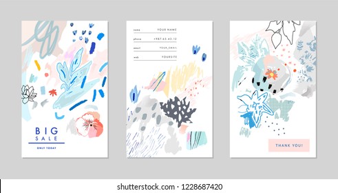 Collection of creative universal floral  artistic cards. Hand Drawn textures. Trendy Graphic Design for banner, poster, card, cover, invitation, placard, brochure, flyer. Vector