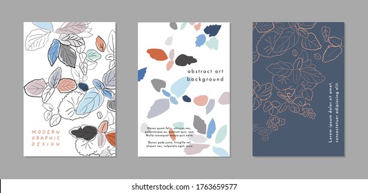 Collection of creative universal floral  artistic cards. Hand Drawn Organic forms. Trendy Graphic Design for banner, poster, card, cover, invitation, placard, brochure, flyer. Vector