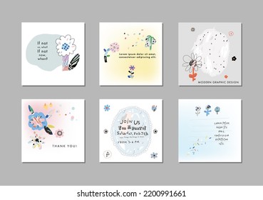 Colección de tarjetas artísticas florales universales creativas. Texturas dibujadas a mano. ... Vector
