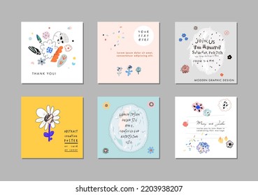 Collection of creative universal floral  artistic cards. Hand Drawn textures. . Vector