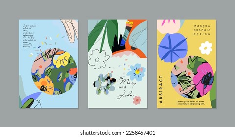 Collection of creative universal floral  artistic cards. Hand Drawn textures. . Vector