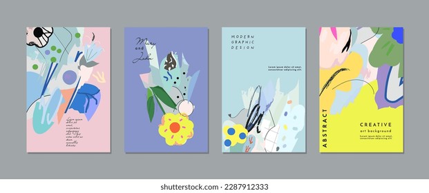 Collection of creative universal floral  artistic cards, posters, covers, backgrounds. Hand Drawn textures