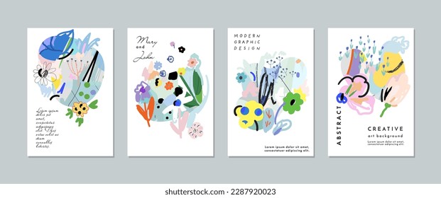 Collection of creative universal floral  artistic cards, posters, covers, backgrounds. Hand Drawn textures