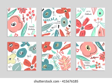 Collection of creative universal floral cards. Wedding, anniversary, birthday, poster, print, party invitations. Vector illustration