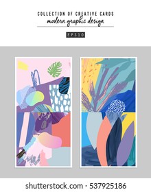 Collection of creative universal trendy artistic cards. Hand Drawn textures. Contemporary Graphic Design for header, banner, poster, card, cover, invitation, placard, brochure. Vector. 