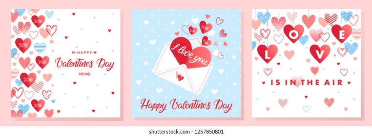 Collection of creative Valentines Day cards.Hand drawn lettering with hearts,arrows and love letter.Romantic illustrations perfect for prints,flyers,posters,holiday invitations and more.