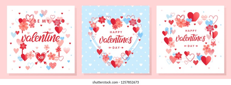 Collection of creative Valentines Day cards.Hand drawn lettering with hearts,arrows and flowers.Romantic illustrations perfect for prints,flyers,posters,holiday invitations and more.