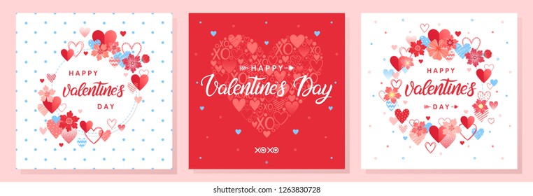 Collection of creative Valentines Day cards.Hand drawn lettering with hearts and flowers.Romantic illustrations perfect for prints,flyers,posters,holiday invitations and more.Valentines illustrations.