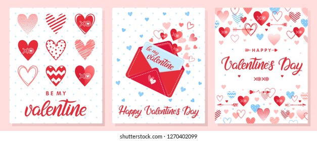 Collection of creative Valentines Day cards.Hand drawn lettering with hearts,arrows and love letter.Romantic illustrations perfect for prints,flyers,posters,holiday invitations and more.