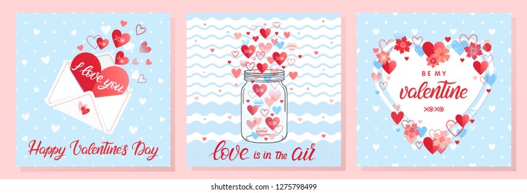 Collection of creative Valentines Day cards.Hand drawn lettering with hearts,arrows,maison jar and love letter.Romantic illustrations perfect for prints,flyers,posters,holiday invitations and more.