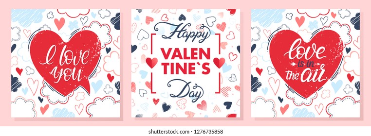 Collection of creative Valentines Day cards.Hand drawn lettering with hearts,clouds and pattern.Romantic illustrations perfect for prints,flyers,posters,invitations and more.Valentines illustrations.