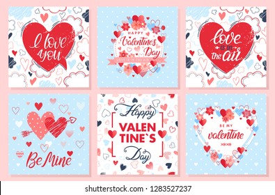 Collection of creative Valentines Day cards.Hand drawn lettering with hearts,arrows and flowers.Romantic illustrations perfect for prints,flyers,posters,holiday invitations and more.