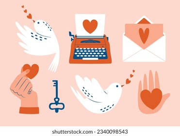 Collection of creative Valentine's Day cliparts. Cute kawaii illustrations of typewriter with sheet of paper, hand holding heart, love letter, flying bird, singing birdie. Cartoon stickers.	