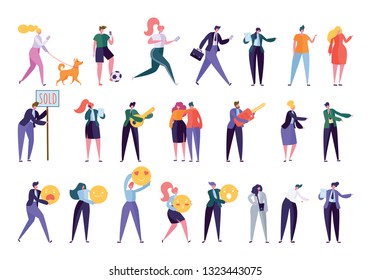 Collection Creative Various Lifestyle Character. Set Crowd of People Performing Activity - Walking Dog, Going Sport, Looking Job, Doing Business, Building Family. Flat Cartoon Vector Illustration