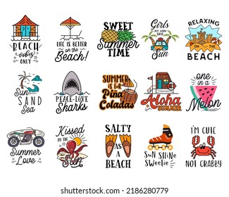 Collection of creative vector stickers with various funny quotes and colorful summer theme pictures against white background