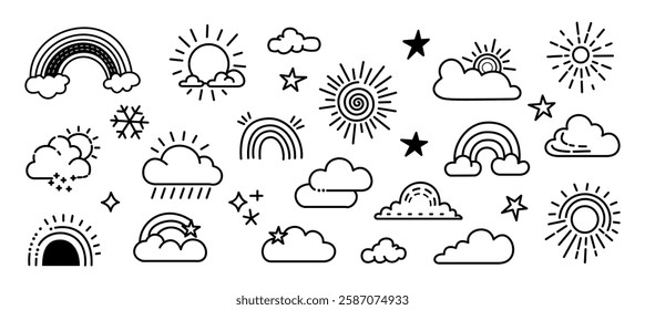 Collection of creative weather doodle basic elements isolated on plain white background