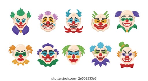 A collection of creepy clown faces illustrated in vibrant colors, with a variety of sinister expressions and playful attributes. Each clown has unique facial features and distinctive hairstyles.