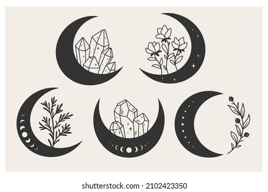 Kollektion des Halbmondes mit magischen Kristallen, Wildblumen, Ästen. Mystisches Symbol. Himmelsobjekt. Der Mond hat ein Spaltmuster. Gut für die Gestaltung von magischen und spirituellen Geschäften und Waren, Tattoos
