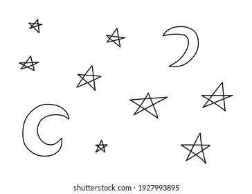 Collection of crescent moon and stars. Astronomical or celestial objects. Heavenly bodies in space. Vector hand drawn illustration in doodle style.