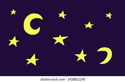 Collection of crescent moon and stars. Astronomical or celestial objects. Heavenly bodies in space. Vector hand drawn illustration in doodle style.