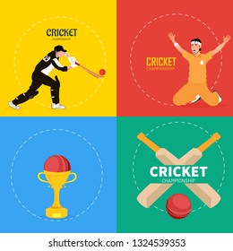 Collection of Cricket Championship labels or badges with cricket equipments and players illustration.