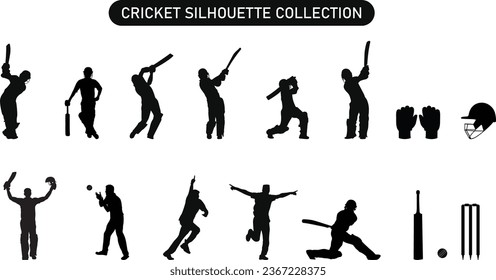 Collection of Cricket Players Silhouette with batsman and bowler. Silhouettes of Cricket Players and cricket elements, Cricket Poses Silhouette