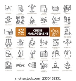 Collection of crisis management icons and tools to avoid it. Thin line icons set. Simple vector icons