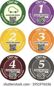 Collection of Crit'air labels from the French Republic (république française) defining the pollution produced by a vehicle