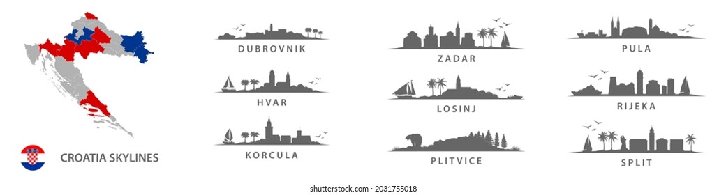 Collection of croatian skylines, big cities in Croatia, eastern europe. Dubrovnik, Zadar, Pula, Hvar, Losinj, Rijeka, Korcula, Plitvice, Split.