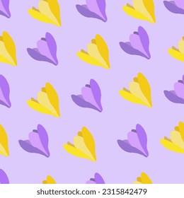 Collection of crocuses and saffrons. A set of spring purple, yellow and white crocuses. Vector illustration of beautiful multicolored flowers