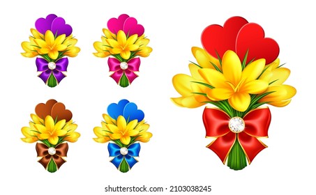 Colección de cruces, flores de primavera con arcos y dos corazones aislados en un fondo blanco. El ramo de crocus de primavera es perfecto para saludar tarjetas de vacaciones, pegatinas y certificados de regalo