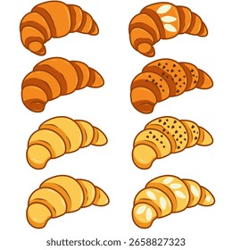 A collection of croissant illustrations in different styles and colors, perfect for UI, icons, or bakery branding.