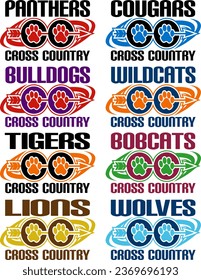 collection of cross country team designs with paw print and assorted mascots for school, college or league sports