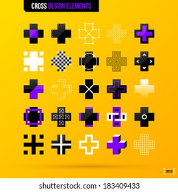Collection of cross design elements on bright yellow background. EPS10