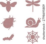 A collection of cross stitch style insects and a spider web, including a bee, dragonfly, beetle, snail, caterpillar, and spider web. 