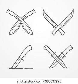 Collection of crossed army knives, line logo set, typical combat knife, crossed knives samples, stock knife vector illustration
