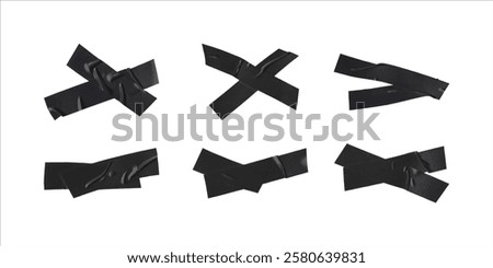 A collection of crossed and overlapping black tape pieces with a glossy finish, offering an edgy, industrial aesthetic for creative designs, digital compositions, and grunge textures.